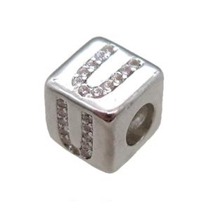 copper cube letter-U beads pave zircon, platinum plated, approx 8x8mm [FN16075]