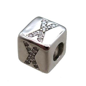 copper cube letter-X beads pave zircon, platinum plated, approx 8x8mm [FN16078]