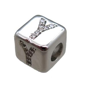 copper cube letter-Y beads pave zircon, platinum plated, approx 8x8mm [FN16079]