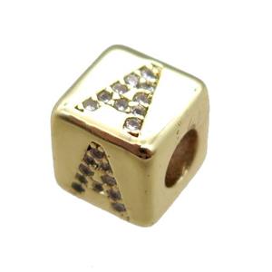 copper cube letter-A beads pave zircon, gold plated, approx 8x8mm [FN16082]
