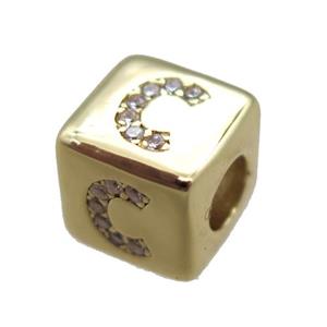 copper cube letter-C beads pave zircon, gold plated, approx 8x8mm [FN16084]