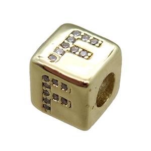 copper cube letter-F beads pave zircon, gold plated, approx 8x8mm [FN16087]