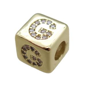 copper cube letter-G beads pave zircon, gold plated, approx 8x8mm [FN16088]