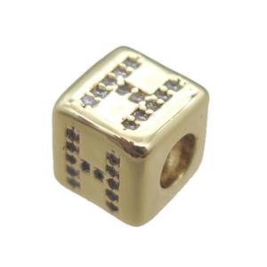 copper cube letter-H beads pave zircon, gold plated, approx 8x8mm [FN16089]