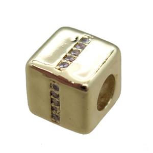 copper cube letter-I beads pave zircon, gold plated, approx 8x8mm [FN16090]