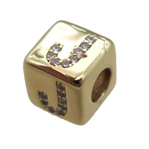 copper cube letter-J beads pave zircon, gold plated, approx 8x8mm [FN16091]