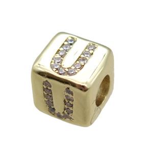 copper cube letter-U beads pave zircon, gold plated, approx 8x8mm [FN16102]