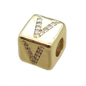 copper cube letter-V beads pave zircon, gold plated, approx 8x8mm [FN16103]