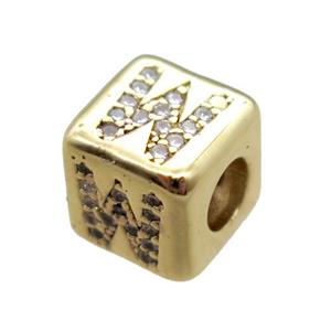 copper cube letter-W beads pave zircon, gold plated, approx 8x8mm [FN16104]