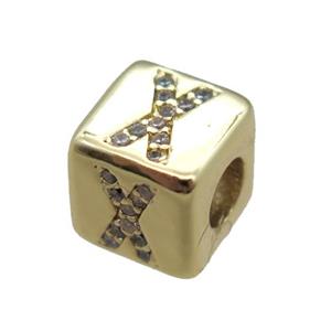 copper cube letter-X beads pave zircon, gold plated, approx 8x8mm [FN16105]