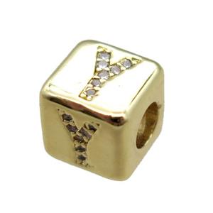 copper cube letter-Y beads pave zircon, gold plated, approx 8x8mm [FN16106]
