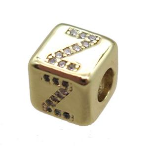 copper cube letter-Z beads pave zircon, gold plated, approx 8x8mm [FN16107]