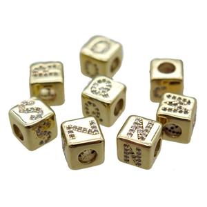 copper cube letter beads pzve zircon, mixed alphabet, large hole, gold plated, approx 8x8mm [FN16108]
