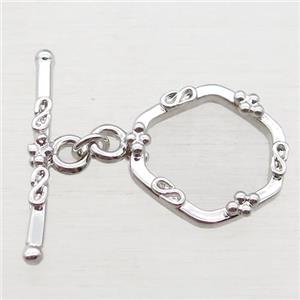 copper toggle clasp, hexagon, platinum plated, approx 17-20mm, 25mm length [FN16130]