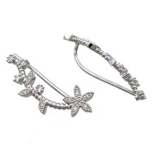 copper hook Earring paved zircon, flower, platinum plated, approx 25mm length [FN16168]