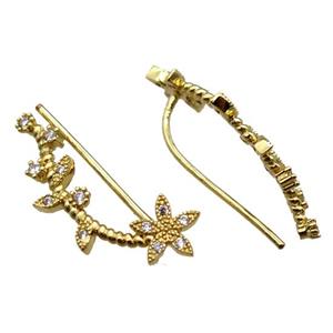 copper hook Earring paved zircon, flower, gold plated, approx 25mm length [FN16169]