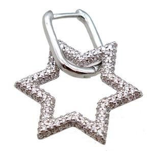 copper Latchback Earrings pave zircon, star, platinum plated, approx 22mm, 12-16mm [FN16175]