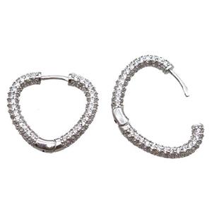 copper Latchback Earrings pave zircon, heart, platinum plated, approx 20mm [FN16190]