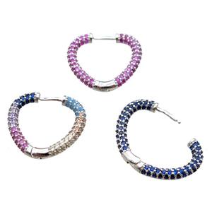 copper Latchback Earrings pave zircon, heart, platinum plated, mixed, approx 20mm [FN16194]