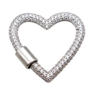 copper heart carabiner lock pendant paved zircon, screw, platinum plated, approx 31-34mm [FN16214]