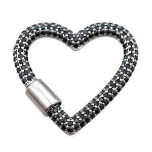 copper heart carabiner lock pendant paved zircon, screw, platinum plated, approx 31-34mm [FN16215]