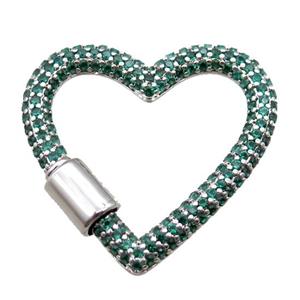 copper heart carabiner lock pendant paved zircon, screw, platinum plated, approx 31-34mm [FN16217]
