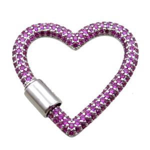 copper heart carabiner lock pendant paved zircon, screw, platinum plated, approx 31-34mm [FN16218]
