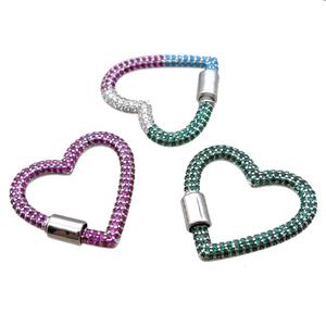 copper heart carabiner lock pendant paved zircon, screw, platinum plated, mixed color, approx 31-34mm [FN16220]