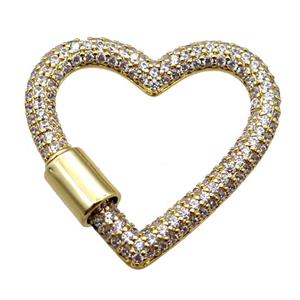 copper heart carabiner lock pendant paved zircon, screw, gold plated, approx 31-34mm [FN16221]