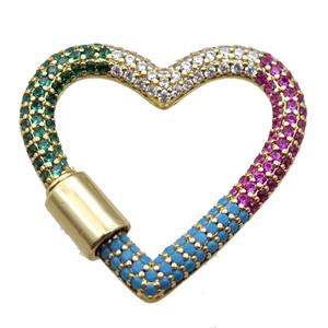 copper heart carabiner lock pendant paved zircon, screw, gold plated, approx 31-34mm [FN16226]