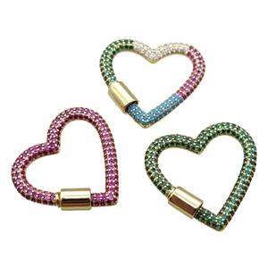 copper heart carabiner lock pendant paved zircon, screw, gold plated, mixed, approx 31-34mm [FN16227]