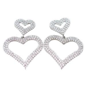 copper stud Earrings pave zircon, heart, platinum plated, approx 28mm, 15mm [FN16230]