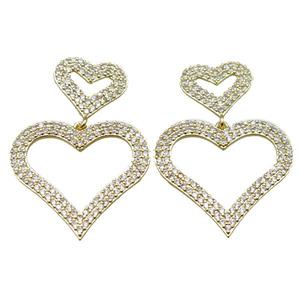 copper stud Earrings pave zircon, heart, gold plated, approx 28mm, 15mm [FN16231]