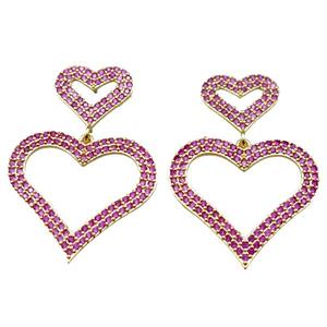 copper stud Earrings pave zircon, heart, gold plated, approx 28mm, 15mm [FN16234]