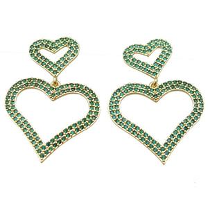 copper stud Earrings pave zircon, heart, gold plated, approx 28mm, 15mm [FN16235]