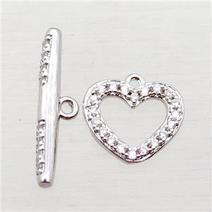 copper toggle clasp paved zircon, heart, platinum plated, approx 12mm, 21mm length [FN16244]