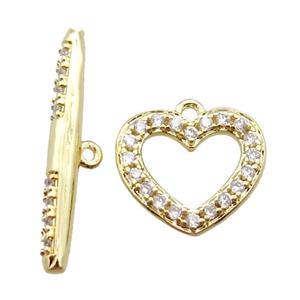copper toggle clasp paved zircon, heart, gold plated, approx 12mm, 21mm length [FN16245]