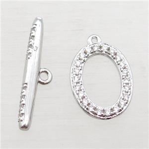 copper toggle clasp paved zircon, oval, platinum plated, approx 11-15mm, 21mm length [FN16246]