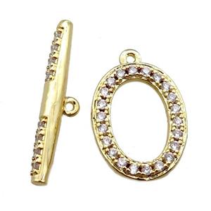 copper toggle clasp paved zircon, oval, gold plated, approx 11-15mm, 21mm length [FN16247]