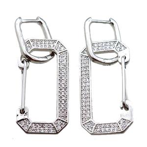 copper Latchback Earrings pave zircon, platinum plated, approx 15-30mm, 12x16mm [FN16248]