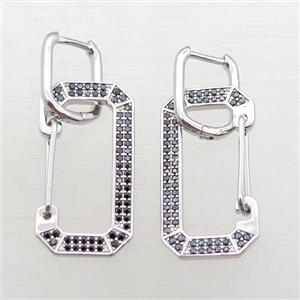 copper Latchback Earrings pave zircon, platinum plated, approx 15-30mm, 12x16mm [FN16258]