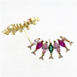copper stud Earrings pave zircon, gold plated, approx 12-22mm [FN16285]