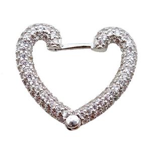 copper Latchback Earrings pave zircon, heart, platinum plated, approx 20-26mm [FN16286]