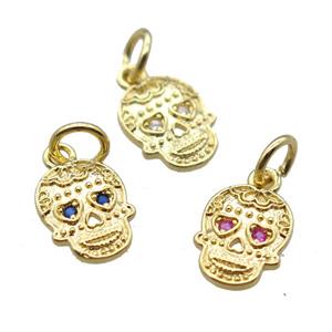 copper skull pendant paved zircon, gold plated, mixed, approx 8-10mm [FN16323]