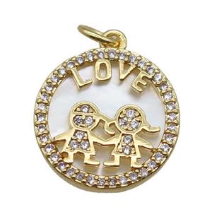 copper circle pendant paved zircon, couple, shell backing, gold plated, approx 15mm dia [FN16330]