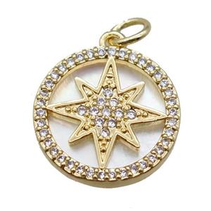 copper circle pendant paved zircon, northstar, shell backing, gold plated, approx 15mm dia [FN16331]