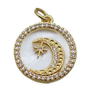 copper circle pendant paved zircon, moon, shell backing, gold plated, approx 15mm dia [FN16332]