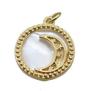 copper circle pendant with moon, shell backing, gold plated, approx 15mm dia [FN16336]