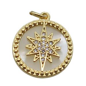 copper circle pendant paved zircon, northstar, shell backing, gold plated, approx 15mm dia [FN16337]