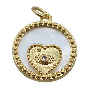 copper circle pendant paved zircon, heart, shell backing, gold plated, approx 15mm dia [FN16338]